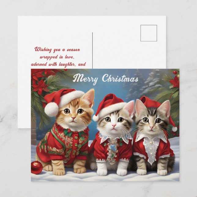 Carte Postale Furry Friends in Festive Casquette mignons Chats (Devant / Derrière)
