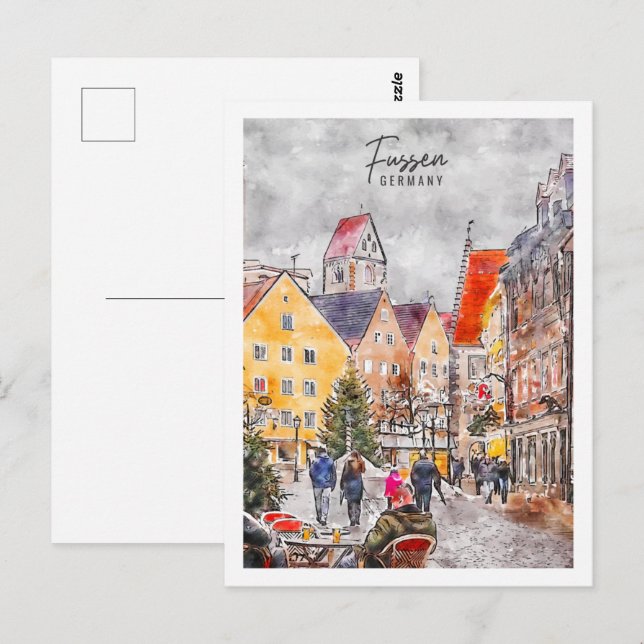 Carte Postale Fussen Allemagne Travel Place Aquarelle (Devant / Derrière)
