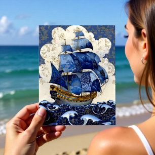 Carte Postale Galion bleu de Delft doré