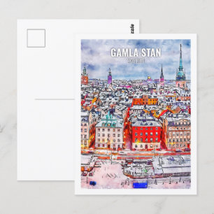 Carte Postale Gamla Stan Suède Fameux Voyage Aquarelle Sketch