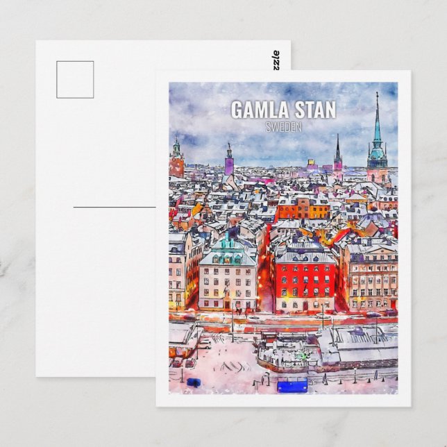 Carte Postale Gamla Stan Suède Fameux Voyage Aquarelle Sketch (Devant / Derrière)
