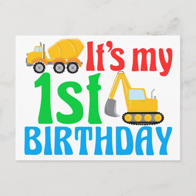 Carte Postale Garçon 1er anniversaire Véhicule de construction M (Devant)
