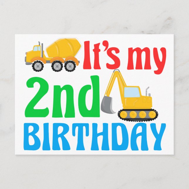 Carte Postale Garçon 2e anniversaire Véhicule de construction (Devant)