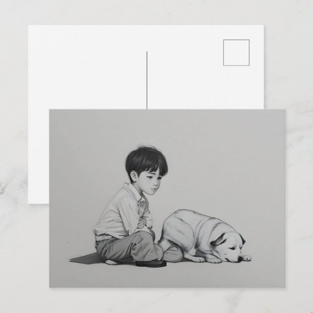 Carte Postale Garçon avec art chien (Devant / Derrière)