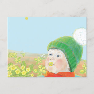 Carte Postale Garçon avec Primroses sauvages