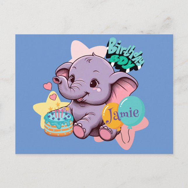 Carte Postale Garçon d'anniversaire éléphant bébé mignon (Devant)
