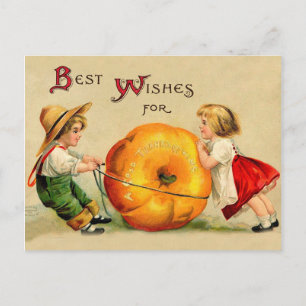 Carte Postale Garçon et fille avec grand Citrouille Thanksgiving