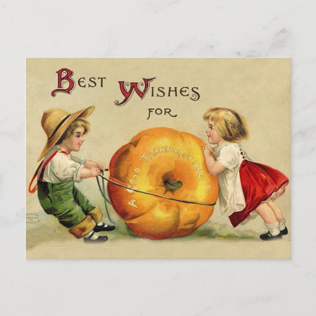 Carte Postale Garçon et fille avec une grosse citrouille de Than (Devant)