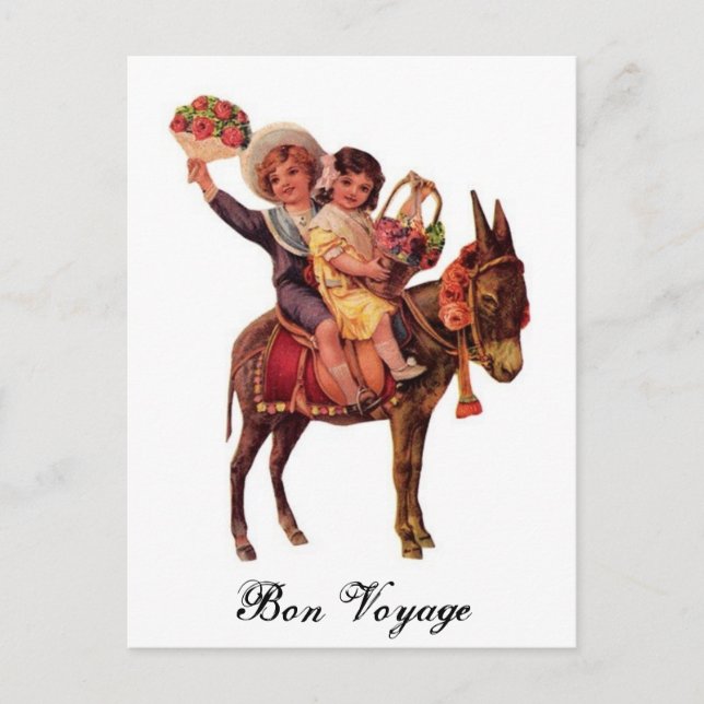Carte Postale Garçon et fille équitation d'un âne, Bon Voyage (Devant)