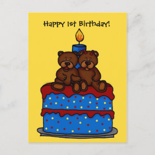 Carte Postale garçon jumeaux sur le gâteau de 1er anniversaire c