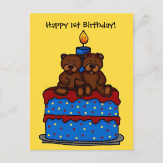 Carte Postale garçon jumeaux sur le gâteau de 1er anniversaire c