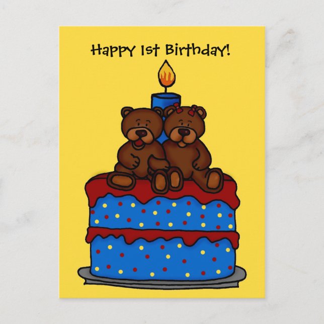 Carte Postale garçon jumeaux sur le gâteau de 1er anniversaire c (Devant)