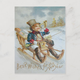 Carte Postale Garçon mignon traîneau neige corne cadeaux