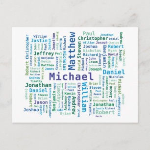 Carte Postale Garçon / Noms de l'homme Nuage de mots en bleu ver
