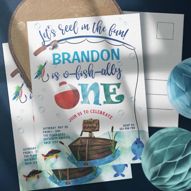 Carte Postale Garçon, O-poisson-ally, Thème pêche Premier (Gone fishing themed, o fish ally, boy 1st birthday invites. Little Fisherman birthday invitations.)