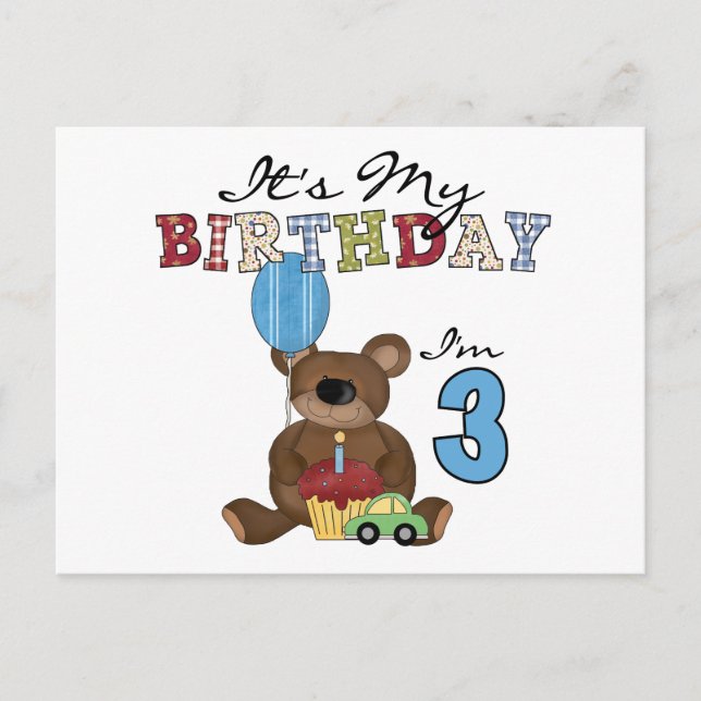 Carte Postale Garçon ours 3e anniversaire Tshirts et cadeaux (Devant)