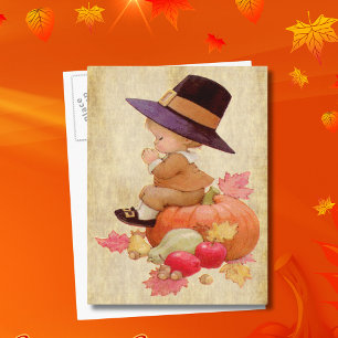 Carte Postale Garçon pèlerin vintage priant Citrouille parchemin