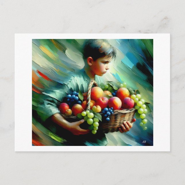 Carte Postale Garçon transportant des fruits, (Devant)