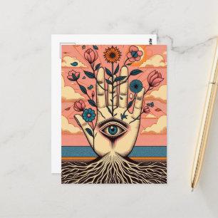 Carte Postale Gardeners Surréels Enracinés Main Avec Fleurs Rose