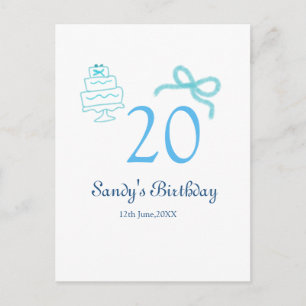 Carte Postale Gâteau à ruban bleu pour 20e anniversaire nom date