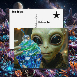 Carte Postale Gâteau Alien Stellaire Cristallin Disant Bonjour