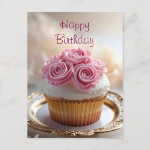 Carte Postale Gâteau d'anniversaire avec roses à la crème rose 