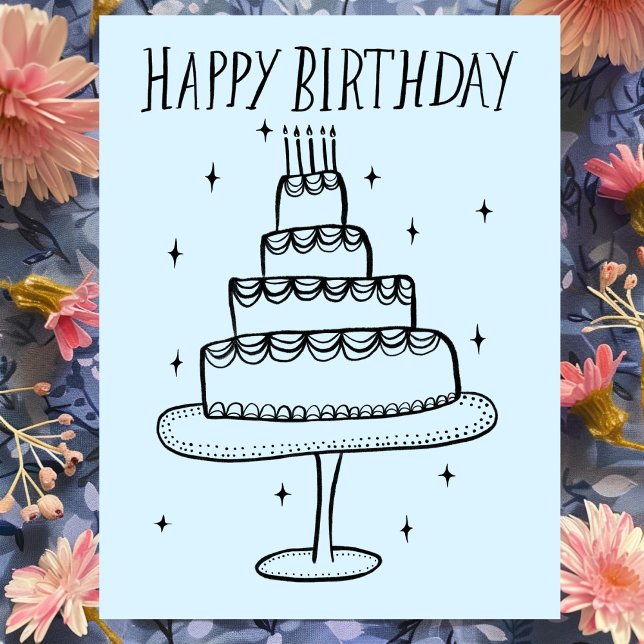 Carte Postale Gâteau d'anniversaire Esquisse fantaisiste Doodle  (Happy Birthday Cake Whimsical Sketch Doodle Postcard
)