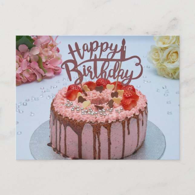 Carte Postale Gâteau d'anniversaire frais drap de table blanc fl (Devant)