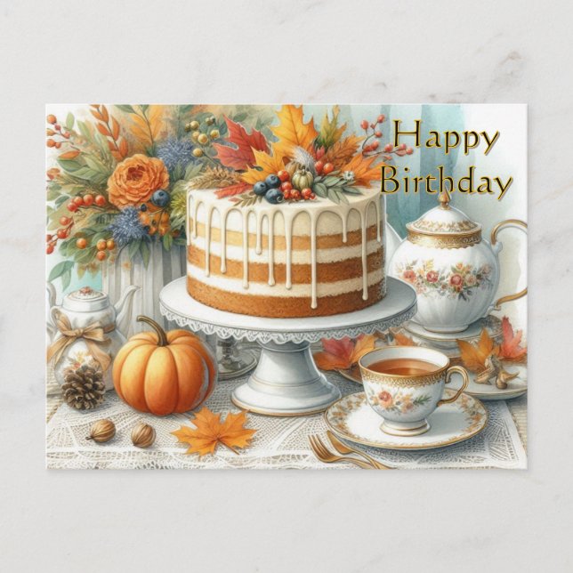 Carte Postale Gâteau d'automne et thé Joyeux Anniversaire  (Devant)