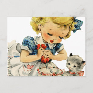 Carte Postale Gâteau de fille d'anniversaire rétro Chat Enfants