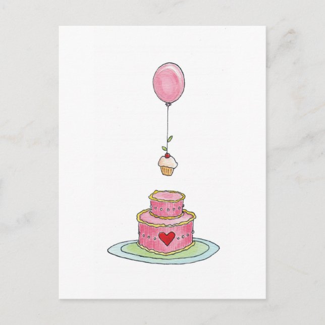 Carte Postale Gâteau rose avec ballons et cupcake (Devant)