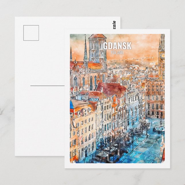Carte Postale Gdansk Pologne Fameux Voyage Aquarelle Croquis (Devant / Derrière)