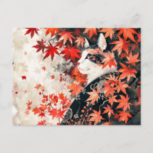 Carte Postale Geisha Chat Noir et Blanc sous Feuilles d'Érable R