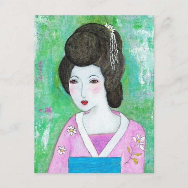 Carte Postale Geisha Girl Mixed Media Peinture Abstraite (Devant)