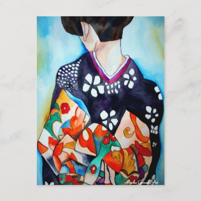 Carte Postale Geisha japonais avec kimono bleu art original (Devant)