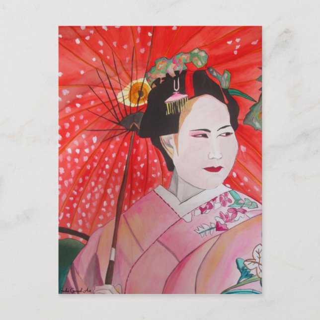 Carte Postale Geisha japonais avec parapluie rouge art original (Devant)