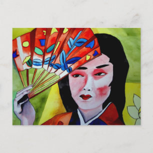 Carte Postale Geisha japonaise avec éventail aquarelle originale