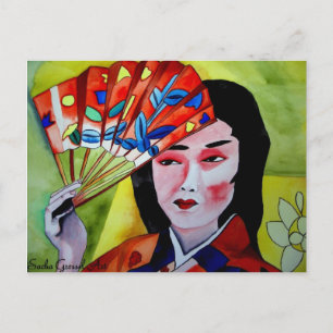 Carte Postale geisha japonaise avec ventilateur