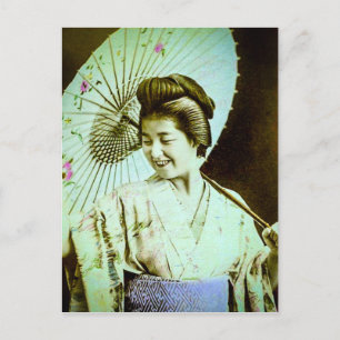 Carte Postale Géisha japonaise vintage posant avec son parasol f