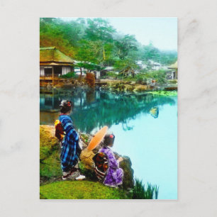 Carte Postale Geisha vintage By Pond dans Hikone Park Japonais