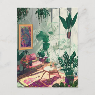 Carte postale générée par IA avec salon et plantes