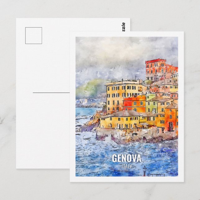 Carte Postale Genova Italie célèbre Travel Place aquarelle (Devant / Derrière)