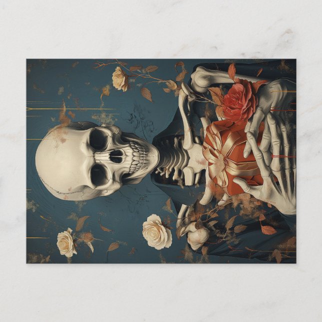 Carte Postale Gently Skeleton with B-Day Gift in Hand (Devant)