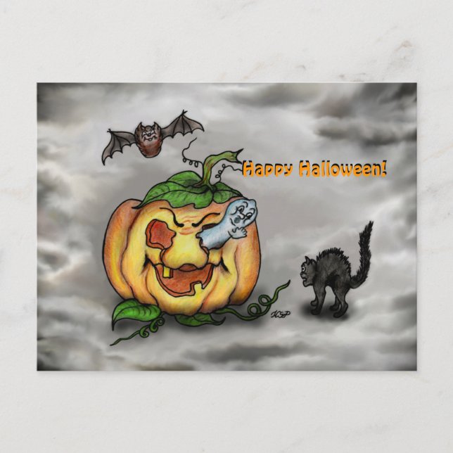 Carte Postale Ghost Bat and Cat, Happy Halloween ! (Devant)