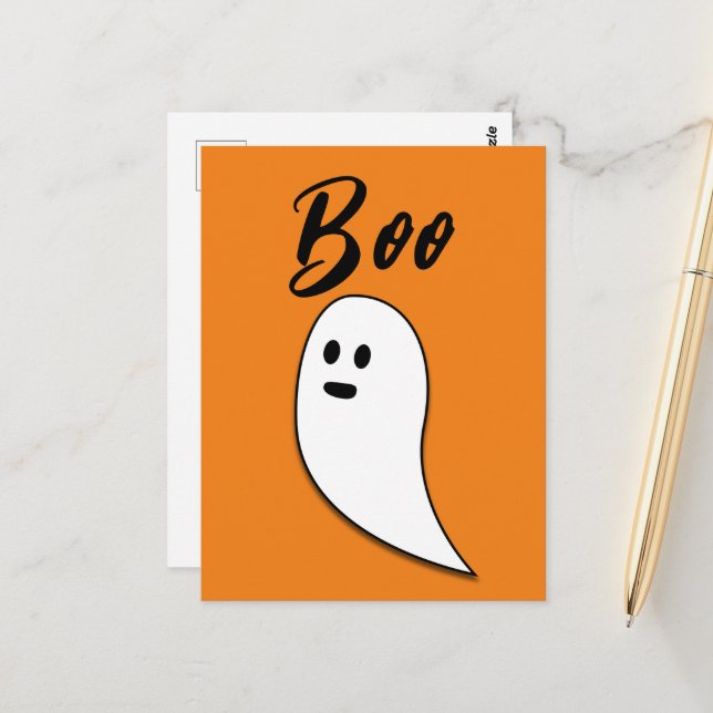 Carte Postale Ghost Halloween noir blanc orange boite (Devant/Arrière en situation)