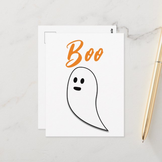 Carte Postale Ghost Halloween noir blanc orange boite (Devant/Arrière en situation)