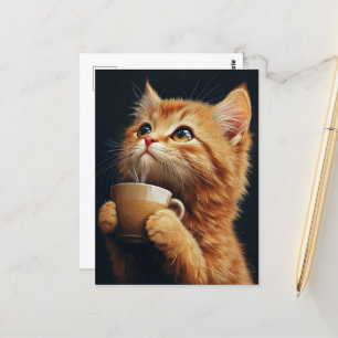 Carte Postale Gingembre doux Kitty avec un café