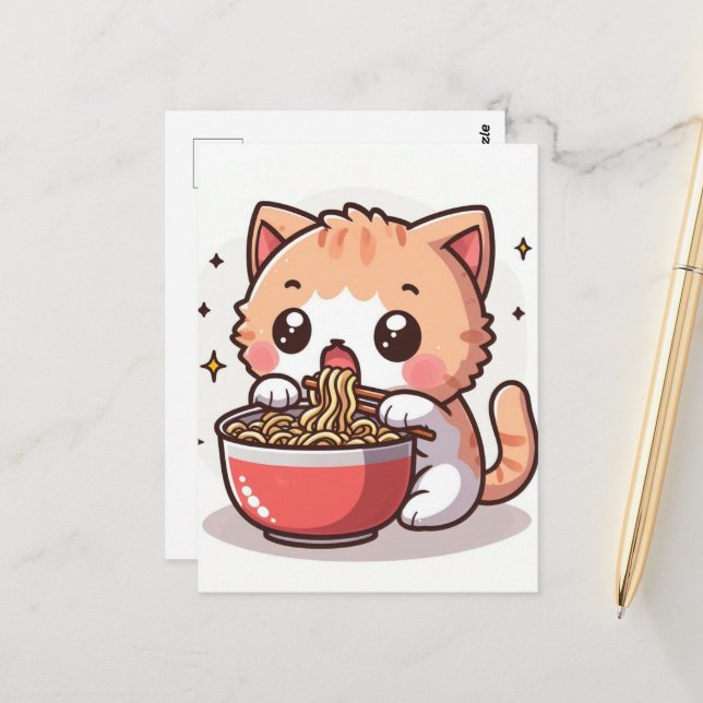 Carte Postale Gingembre et chaton blanc manger Ramen (Devant/Arrière en situation)