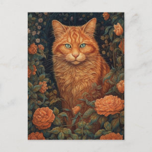 Carte Postale Gingembre Fluffy Chat dans les fleurs