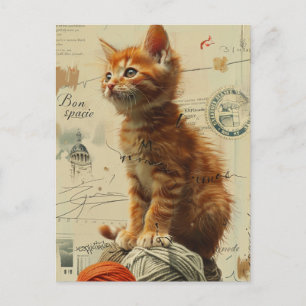 Carte Postale Ginger Kitten Yarn Collage Médias mixtes